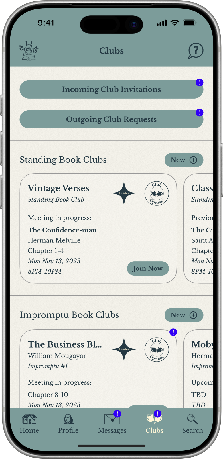App screenshot showing clubs page