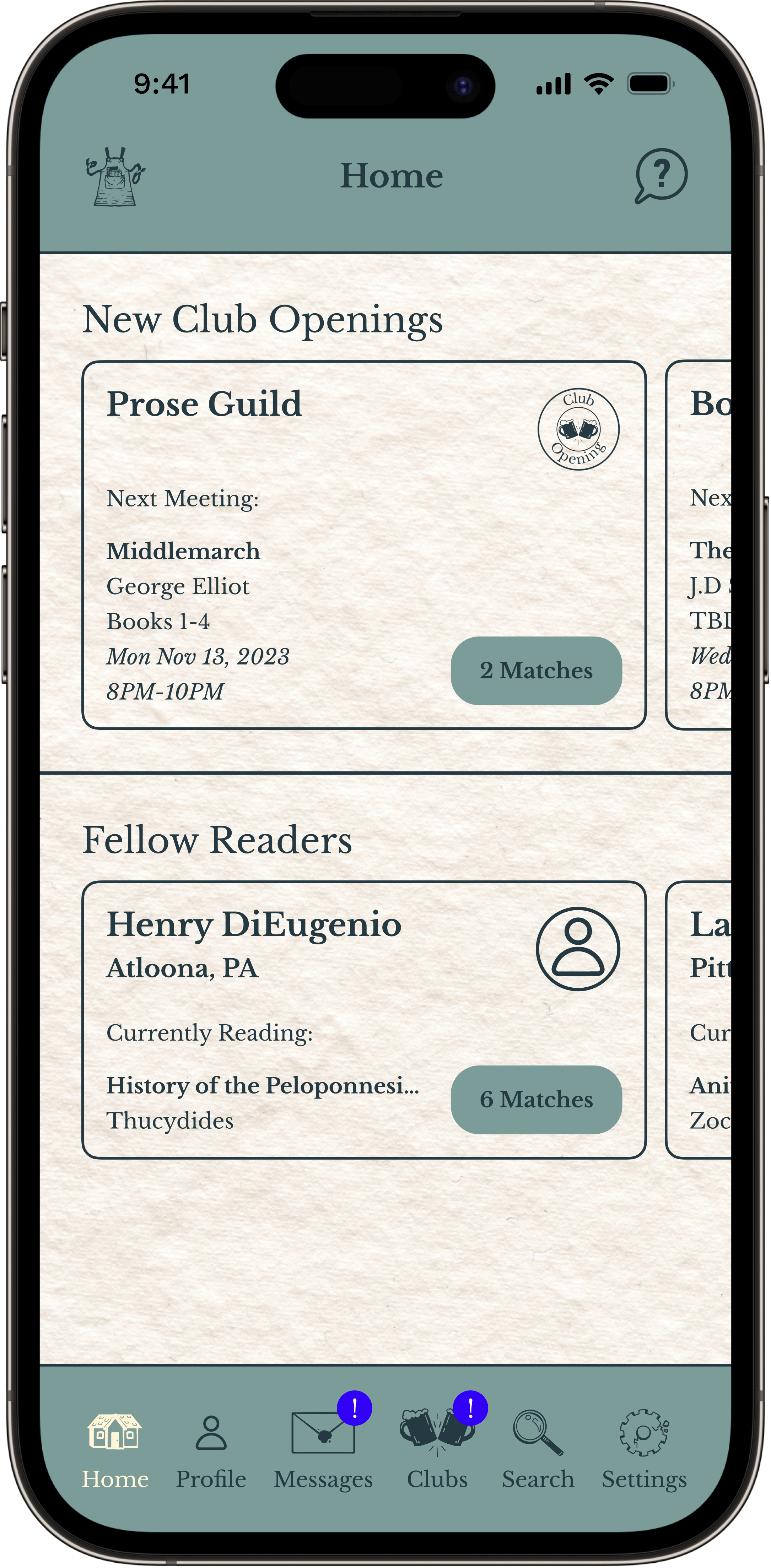 App screenshot showing matches page