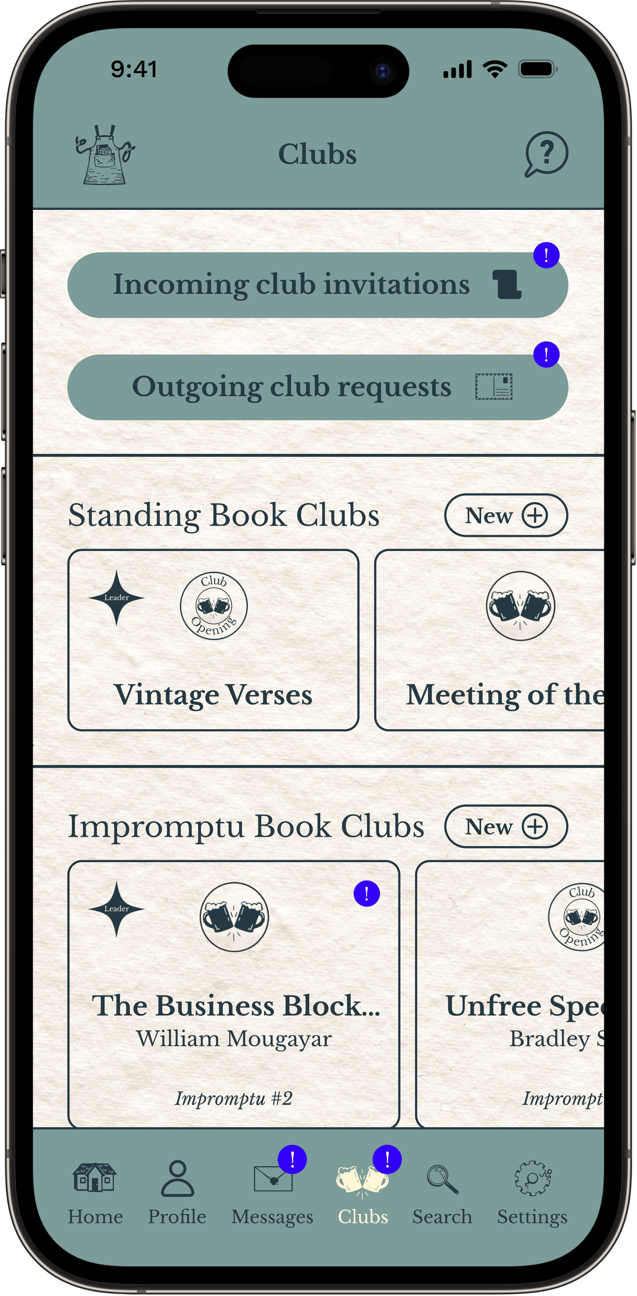 App screenshot showing clubs page